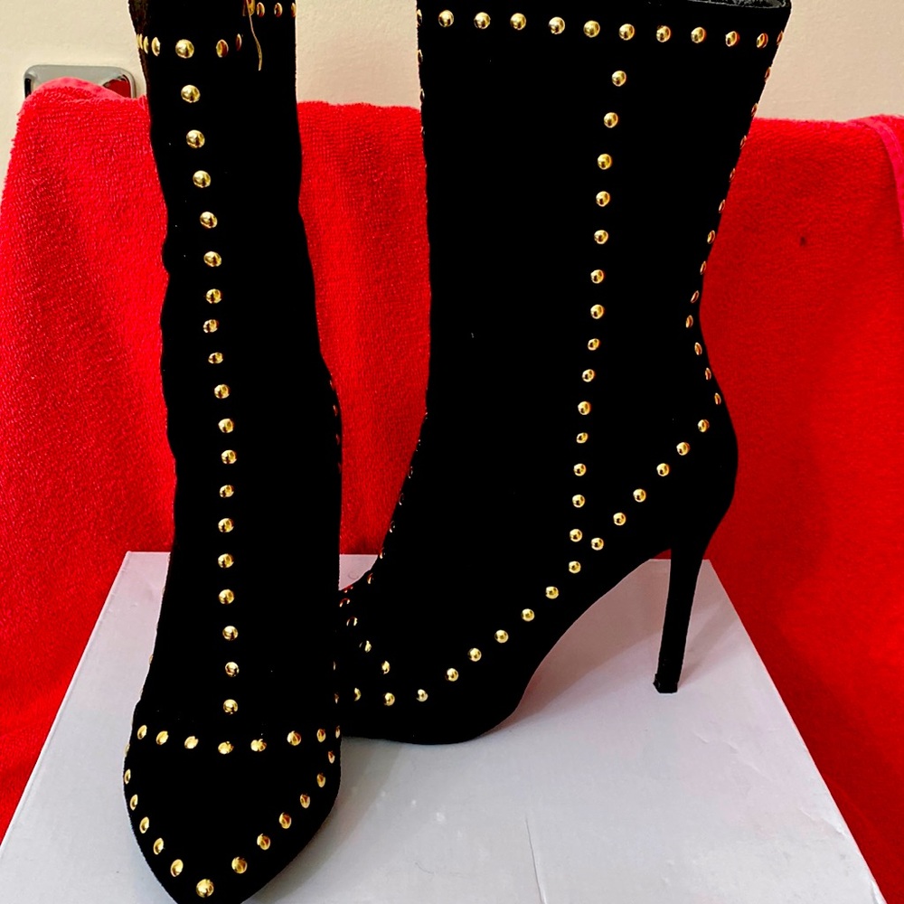 Black Gold-Studded Suede Booties